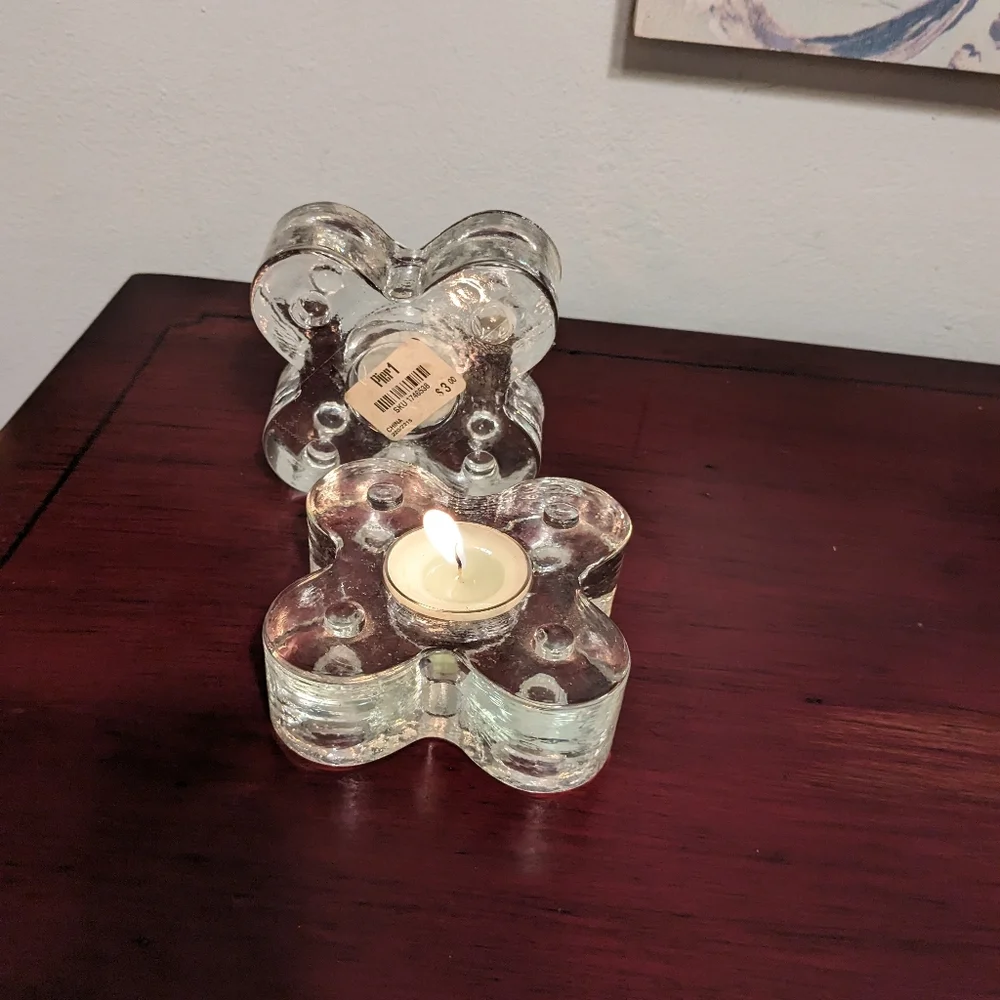 Pier One Candlestick Holders Light Pair Heavy Glass Vintage 90s Stacked Clear